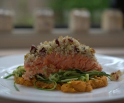 Quinoa Crusted Salmon with Sweet Potato Mash and Zucchini Ribbons