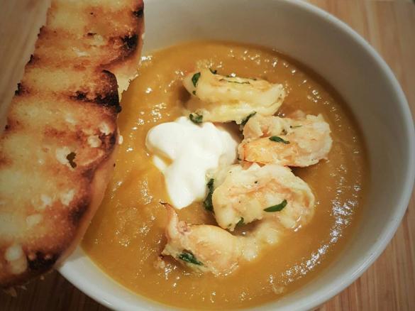 Thai Sweet Potato Soup with Grilled Prawns