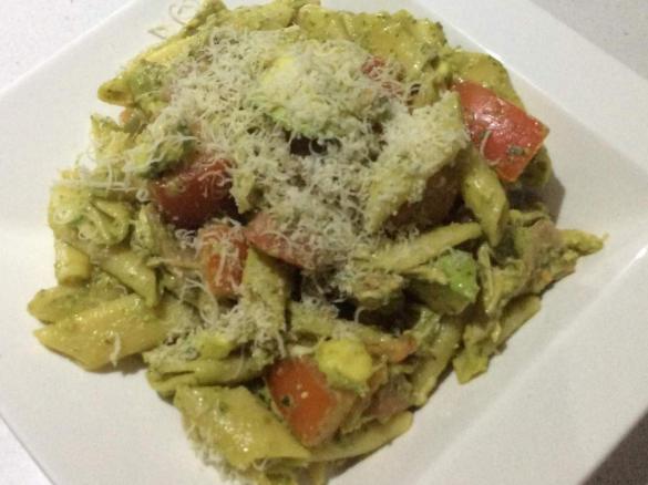 Penne with Rocket and Basil Pesto, Avocado, and Tomatoes
