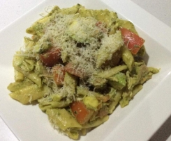 Penne with Rocket and Basil Pesto, Avocado, and Tomatoes