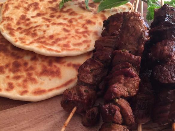 Redcurrant BBQ lamb skewers with super-easy flatbreads