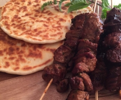 Redcurrant BBQ lamb skewers with super-easy flatbreads
