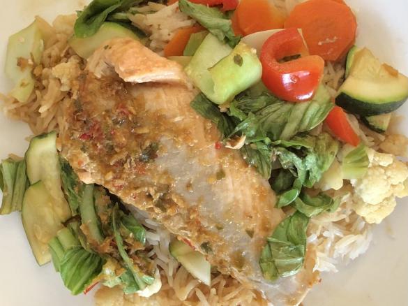 Variation Ginger and Soy Glazed Salmon with Bok Choy and Coconut Rice