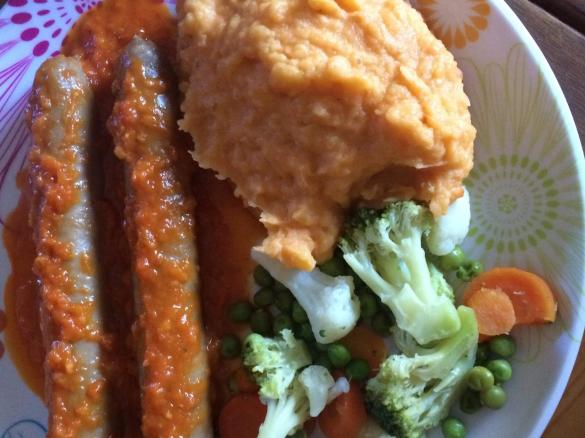 Bangers & Mash With Tomato and Onion Sauce