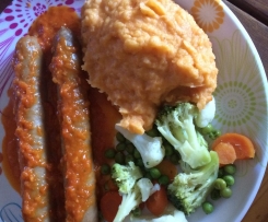 Bangers & Mash With Tomato and Onion Sauce