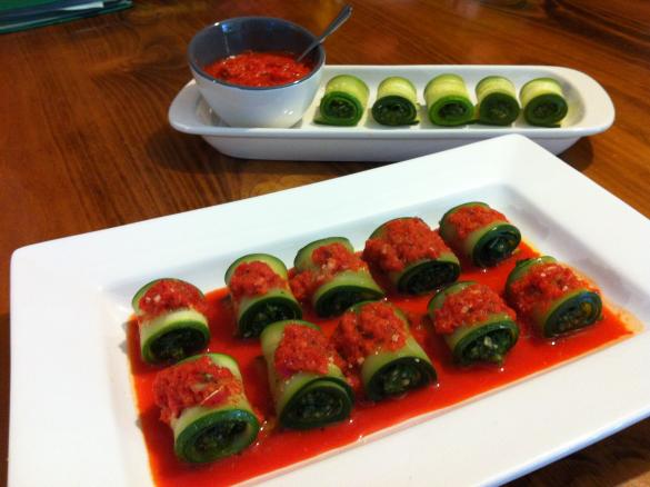 Zucchini Pesto Rolls with Pepper Dip