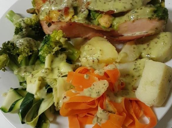 Avocado cheese stuffed chicken breasts wrapped in bacon - all in one dinner