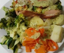Avocado cheese stuffed chicken breasts wrapped in bacon - all in one dinner