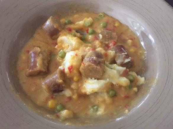 Coconut curry sausages with Mash potato