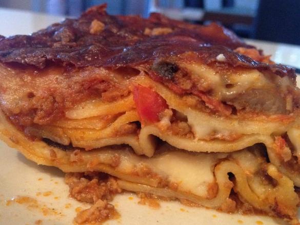 Lasagne with marinated eggplant and red wine