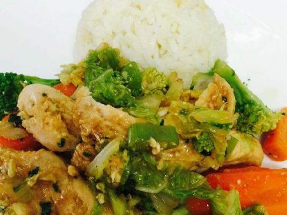 Fragrant Coconut Rice, lemongrass ginger chicken and asian greens 