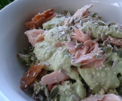 RAW BROCCOLI SALAD TOSSED WITH SMOKED SALMON, BLACK OLIVES AND CREAMY AVOCADO DRESSING