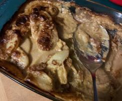 Vegan potato bake with browned onions