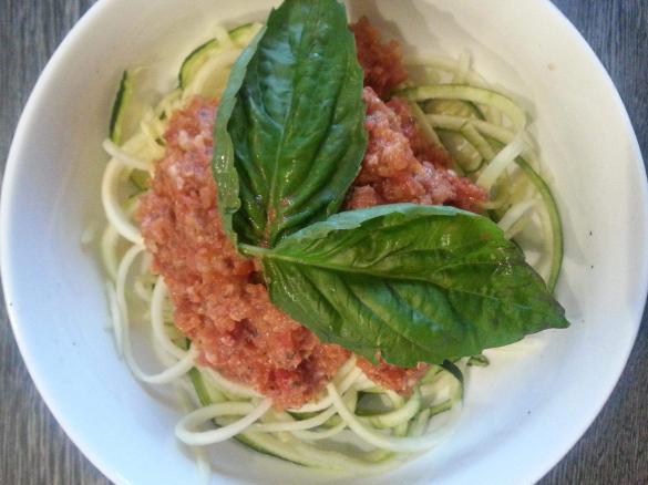 raw 'spaghetti' with a tomato 'bolognese' 