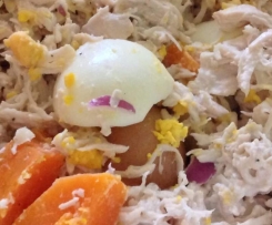 Warm shredded chicken, egg, potato salad 