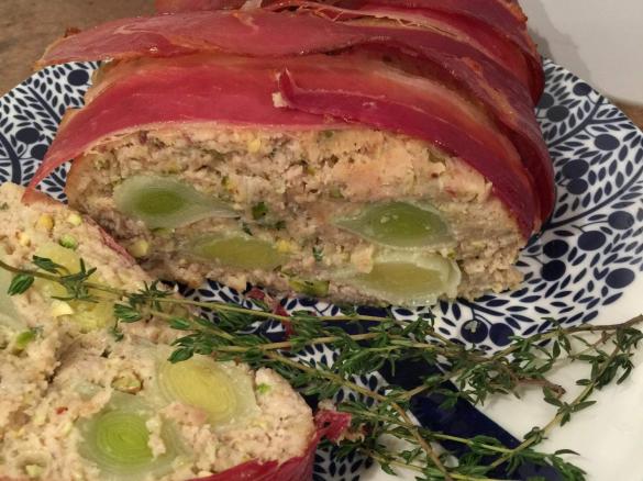 Chicken, leek, pistachio and prosciutto terrine