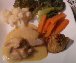Chicken in Port Sauce with hasselback potatoes and steamed vegies