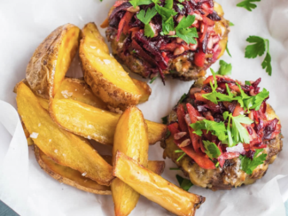 Naked Beef Burgers with Beetroot and Carrot Salad and Chunky Chips