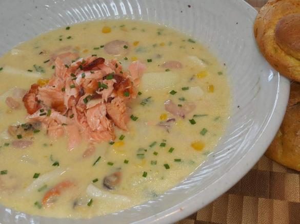 seafood & corn chowder with curried choux dunkers