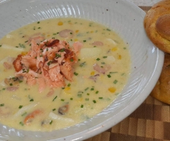 seafood & corn chowder with curried choux dunkers
