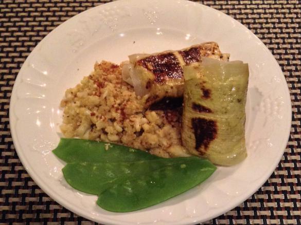 Pork and chicken Pesto Parcels with Cauliflower "Rice" and steamed Snow Peas