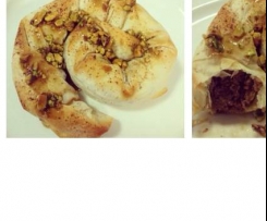 Lamb, cinnamon & date filo pies with honey pistachio dressing