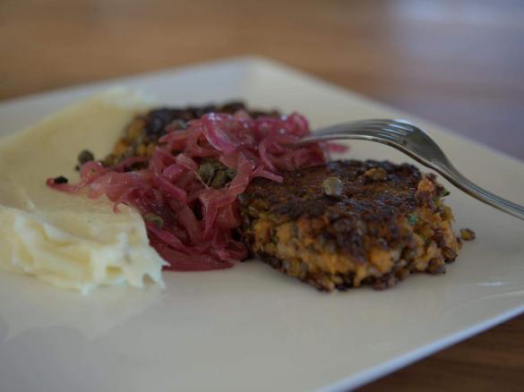 Lentil Patties, Horseradish Mash & Caramelised onions