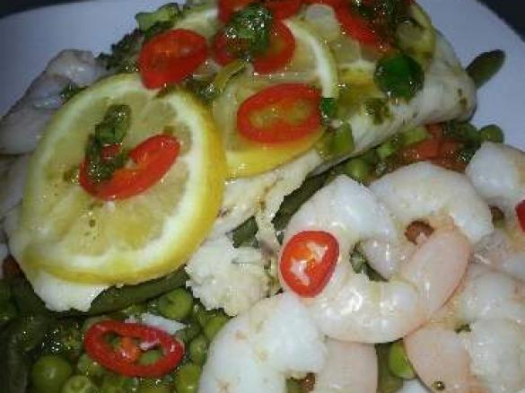 Steamed Fish with Vegetables, Chili, Lemon and a Basil Vinaigrette