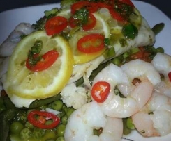 Steamed Fish with Vegetables, Chili, Lemon and a Basil Vinaigrette