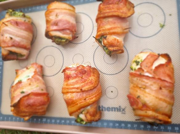 Chicken and bacon roll ups with feta and spinach filling