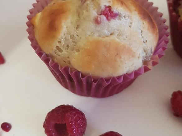 banana, raspberry and white chocolate muffins