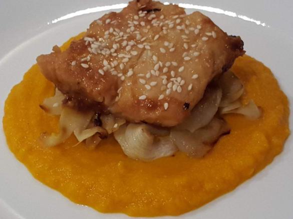 Miso Cod with Caramelized Zucchini and Cinnamon Pumpkin Carrot Puree