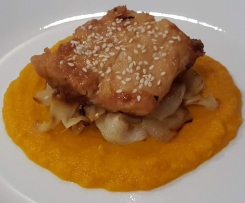 Miso Cod with Caramelized Zucchini and Cinnamon Pumpkin Carrot Puree