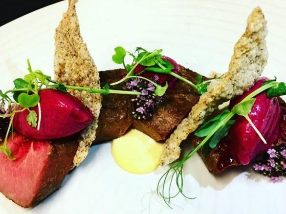 Kawakawa smoked NZ lamb with native herb, beetroot, garlic cream and ancient grain wafers - Chef Dave Anderson