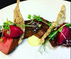 Kawakawa smoked NZ lamb with native herb, beetroot, garlic cream and ancient grain wafers - Chef Dave Anderson