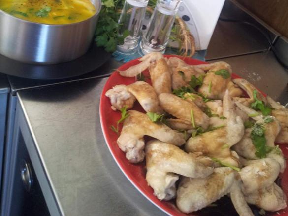 Peppered Chicken Wings with Wonton and Bok Choy Soup