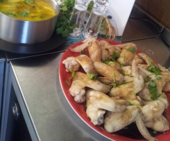 Peppered Chicken Wings with Wonton and Bok Choy Soup