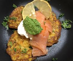 Vegetable Rosti stack with sour cream, smoked salmon and basil pesto
