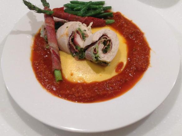 Chicken Involtini with Tomato Sauce, Creamy Polenta and Garlic Beans (Meal)