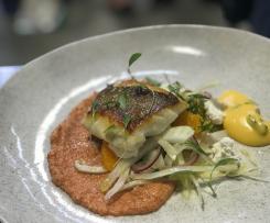 Roasted snapper with Romesco, pickled vegetable and ricotta salad and a pink grapefruit Hollandaise - Mark Southon