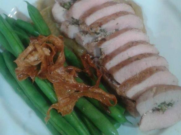 Pork and Walnut Pesto Roulade with Feijoa and Parsnip Puree