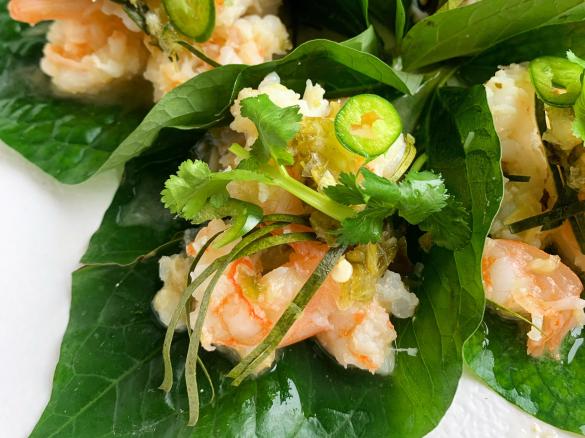 Prawns with Green Chilli Nahm Jim on Betel Leaves
