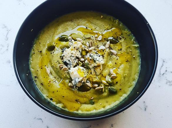 Broccoli and Lemon Soup topped with Goats Feta and Seeds
