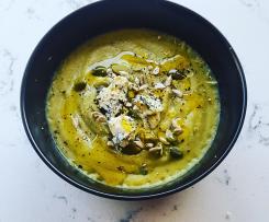 Broccoli and Lemon Soup topped with Goats Feta and Seeds
