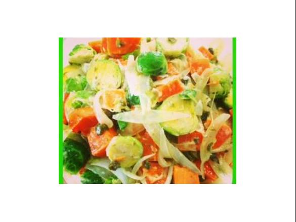 brussel sprout and sweet potato salad with mustard mayo