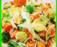 brussel sprout and sweet potato salad with mustard mayo