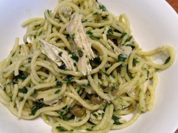 Spaghetti with Chicken and Salsa Verde and Capers