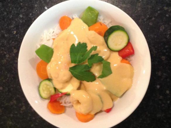 All-in-one-meal - Spicy Mango Prawns, Steamed Vegetables and Coconut Rice