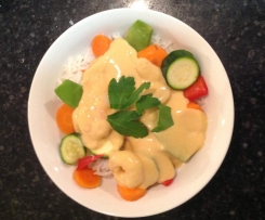 All-in-one-meal - Spicy Mango Prawns, Steamed Vegetables and Coconut Rice