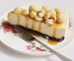 White Chocolate Cheesecake with Macadamias and Caramel Sauce